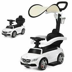 Buy ⭐ Costzon Push Car For Toddlers, 3 In 1 Mercedes Benz Stroller Sliding Walking Car W/ Canopy, Handle, Safety Bar, Cup Holder, Music, Underneath Storage, Foot-to-Floor Ride On Toy For Boys & 👧 Girls, White 🤩