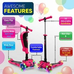 New 🎁 3 Wheeled Scooter For Kids - Stand & Cruise Child/Toddlers Toy Folding Kick Scooters W/Adjustable Height, Anti-Slip Deck, Flashing Wheel Lights, For Boys/Girls 2-12 Year Old - Hurtle HURFS56 B ⭐